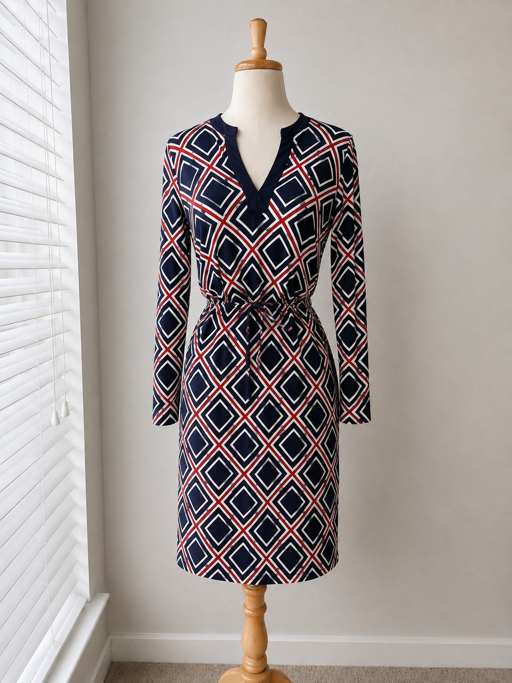Tommy Hilfiger Navy Diamond-Print Long Sleeve Tie-Waist Dress
